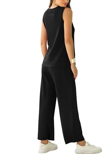 XIEERDUO 2 Piece Outfits for Women Casual Summer Sleeveless Wide Leg Pants Matching Lounge Set Two Travel Airport Tracksuit Spring Clothing Black M