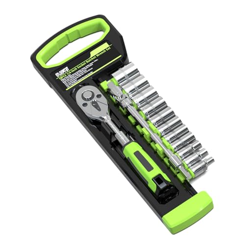OTLOOMTBT 15pcs 1/4 Inch Drive Ratchet Socket Wrench Set, with Metric 4-14mm and Front and Rear Quick Released Ratchet Handle and Extension Bar Universal Joint Hand Drill Adapter, Portable Organizer