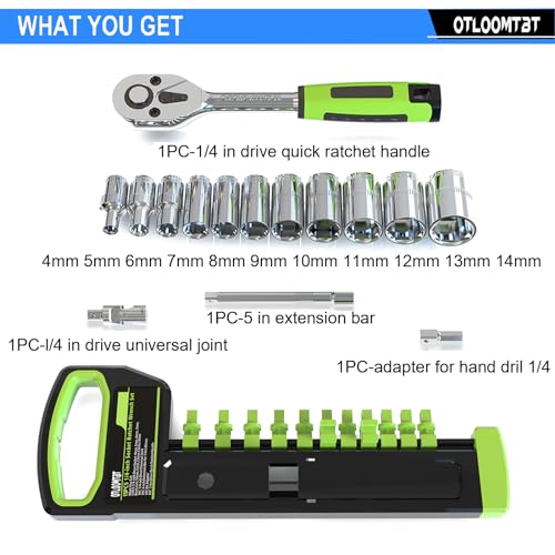 OTLOOMTBT 15pcs 1/4 Inch Drive Ratchet Socket Wrench Set, with Metric 4-14mm and Front and Rear Quick Released Ratchet Handle and Extension Bar Universal Joint Hand Drill Adapter, Portable Organizer