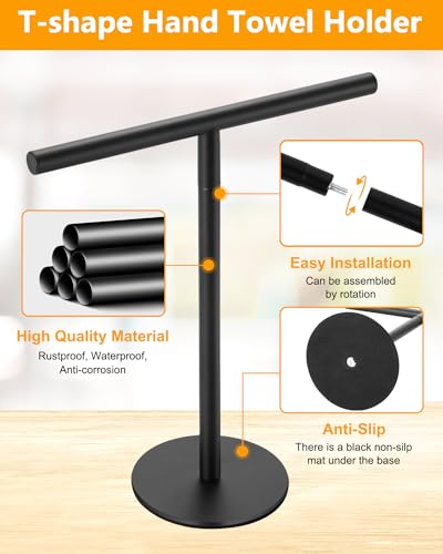Hand Towel Holder for Bathroom, T-Shape Free Standing Towel Rack Stand, Matte Black Waterproof Hand Towel Rack for Bathroom Kitchen Countertop
