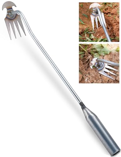 wohohoho Artifact Uprooting Weeding Tool, 16 Inch Galvanized Rust-proof Weed Pulling Tool, 4 Teeth Manganese Steel Forged Gardening Hand Weeder Tools for Vegetable, Planting, Farm, Gardening&Weeding