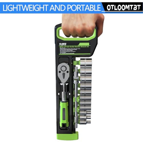 OTLOOMTBT 15pcs 1/4 Inch Drive Ratchet Socket Wrench Set, with Metric 4-14mm and Front and Rear Quick Released Ratchet Handle and Extension Bar Universal Joint Hand Drill Adapter, Portable Organizer