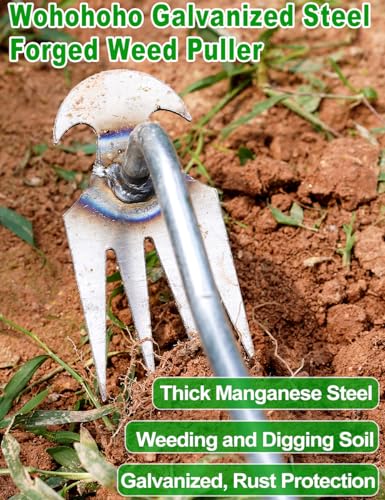 wohohoho Artifact Uprooting Weeding Tool, 16 Inch Galvanized Rust-proof Weed Pulling Tool, 4 Teeth Manganese Steel Forged Gardening Hand Weeder Tools for Vegetable, Planting, Farm, Gardening&Weeding