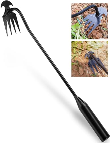2024 Artifact Uprooting Weeding Tool, 16 Inch Black Long Handle Weed Puller Tool, 4 Teeth Manganese Steel Forged Gardening Hand Weeder, Seniors Best Garden Tools for Vegetable Gardening & Weeding