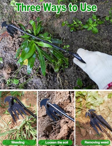 2024 Artifact Uprooting Weeding Tool, 16 Inch Black Long Handle Weed Puller Tool, 4 Teeth Manganese Steel Forged Gardening Hand Weeder, Seniors Best Garden Tools for Vegetable Gardening & Weeding