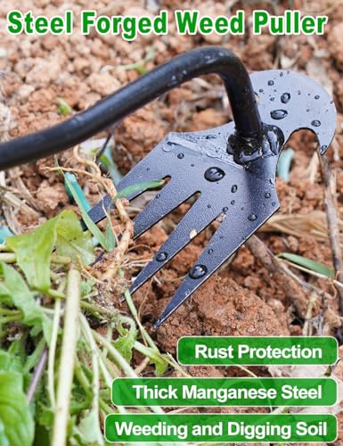 2024 Artifact Uprooting Weeding Tool, 16 Inch Black Long Handle Weed Puller Tool, 4 Teeth Manganese Steel Forged Gardening Hand Weeder, Seniors Best Garden Tools for Vegetable Gardening & Weeding