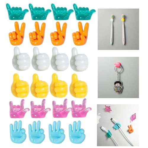 24Pcs Self Adhesive Silicone Thumb Hooks, Multifunctional Cable Clips, Hand shaped Cord Holders, Cord Organizer for Desk Wall, Wire Holders, Phone USB Charger Cable Management (24 Pcs, 6 Color)