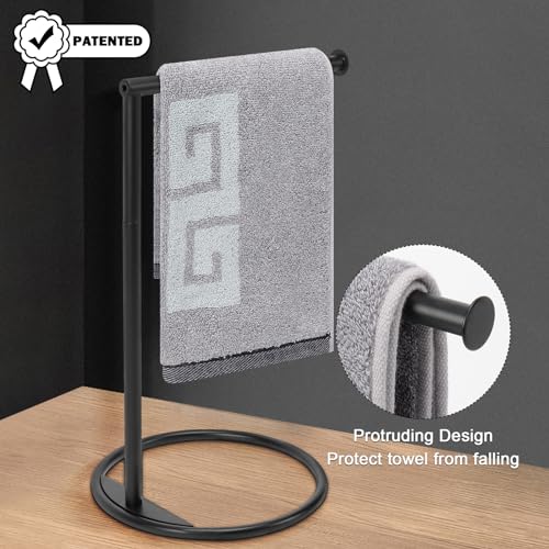 NearMoon Hand Towel Holder Stand, Thicken Metal L Shape Hand Towel Rack, Stable Free-Standing Towel Bar, Small Towel Ring Stand for Bathroom Kitchen Vanity Countertop, 8” L 12” H (Matte Black, 1 Pack)