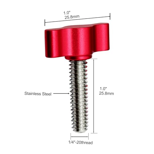 Xadnitu 1/4"-20 x 1" Thread Thumb Screw,Stainless Steel Standard/Coarse Thread with Red Adjustable Tee Wing Aluminum Knob to Remove Replace Hand Clamping Tightening Knob Power Supply, 4 Packs
