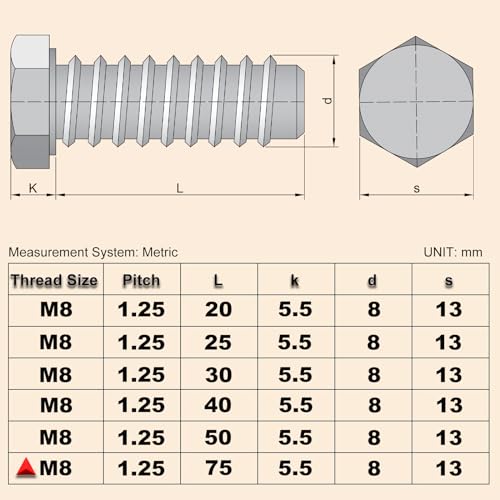 10Pcs M8 Hex Bolts M8x75mm Hex Head Bolts Stainless Steel 304 M8-1.25 Hex Bolt Fully Threaded Hex Tap Bolts Metric Hexagon Head Screw Machine Bolts Right Hand External Hex Drive