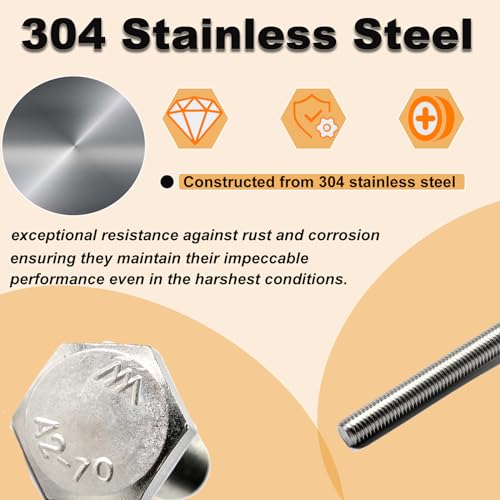 10Pcs M8 Hex Bolts M8x75mm Hex Head Bolts Stainless Steel 304 M8-1.25 Hex Bolt Fully Threaded Hex Tap Bolts Metric Hexagon Head Screw Machine Bolts Right Hand External Hex Drive