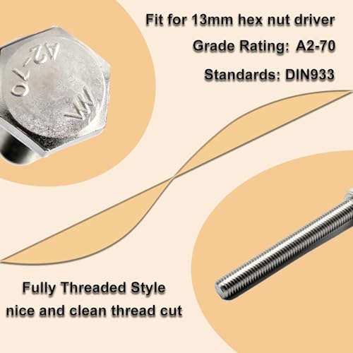 10Pcs M8 Hex Bolts M8x75mm Hex Head Bolts Stainless Steel 304 M8-1.25 Hex Bolt Fully Threaded Hex Tap Bolts Metric Hexagon Head Screw Machine Bolts Right Hand External Hex Drive