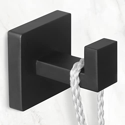 IBosins 2 Pack Towel Hooks Hand Towel Holder for Bathroom Wall Livingroom Bedroom Kitchen Closet Heavy Duty Stainless Steel Hook Hanger for Robe, Bath Towel, Coat (Square Matte Black)