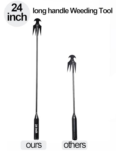 24 inch Weed Puller Tool Garden Weed Pulling Tool, Portable Garden Weeder Tool Uprooting Weeding Tool, 4 Teeth Manganese Steel Forged Hand Weeder for Vegetable Gardening Backyard Farm Planting Weeding