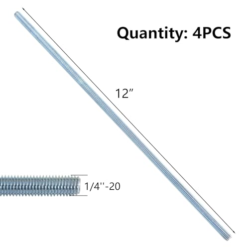 NIDAYE Fully Threaded Rod, Zinc Plated Finishing, 1/4" -20 Thread Size, 12" Length, Right Hand Threads