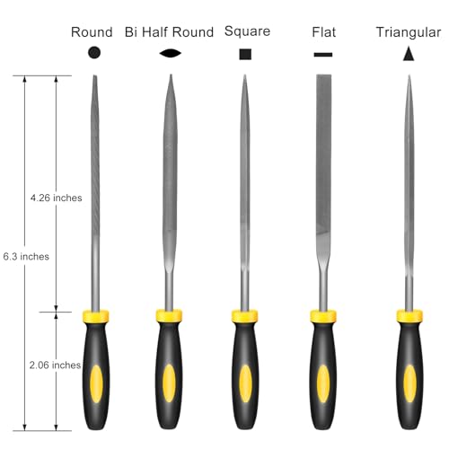 Uaorexplo Mini Hand Metal File Set, Total Length 6.3“, 5pcs, Strength Alloy Steel Needle Files, includes Round, Bi Half-Round, Flat, Square, Triangular. Precision Hand File Tools for Detailed Work.