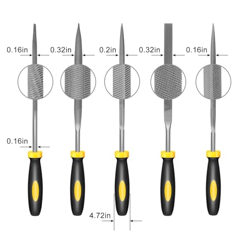 Uaorexplo Mini Hand Metal File Set, Total Length 6.3“, 5pcs, Strength Alloy Steel Needle Files, includes Round, Bi Half-Round, Flat, Square, Triangular. Precision Hand File Tools for Detailed Work.