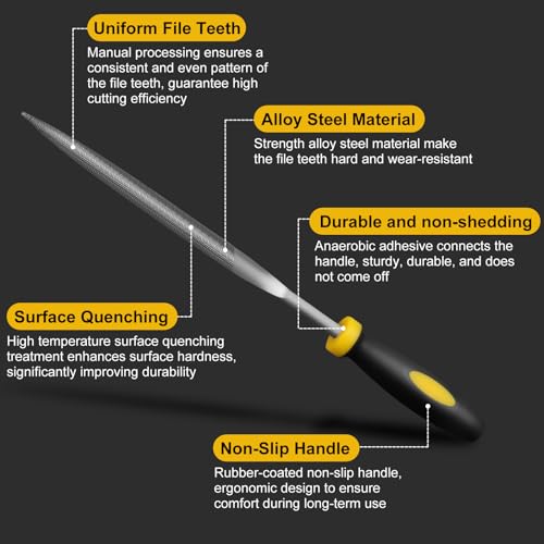 Uaorexplo Mini Hand Metal File Set, Total Length 6.3“, 5pcs, Strength Alloy Steel Needle Files, includes Round, Bi Half-Round, Flat, Square, Triangular. Precision Hand File Tools for Detailed Work.