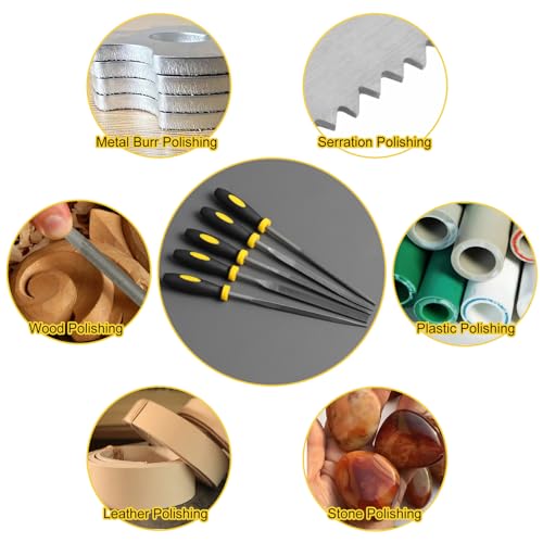Uaorexplo Mini Hand Metal File Set, Total Length 6.3“, 5pcs, Strength Alloy Steel Needle Files, includes Round, Bi Half-Round, Flat, Square, Triangular. Precision Hand File Tools for Detailed Work.