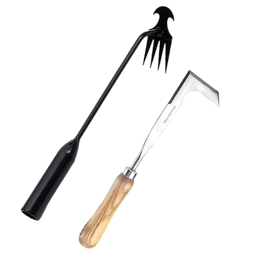 LAKIDOGS 2 Pack Uprooting Weeding Tool, Gardening 4 Claw Hand Weed Remover Tool and L-Shape Manual Grass Removal Set, Manganese Steel Weeder Puller for Lawn Garden, Yard, Farm and Driveway