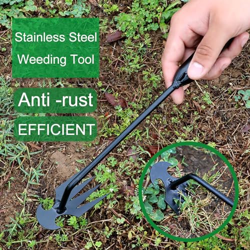LAKIDOGS 2 Pack Uprooting Weeding Tool, Gardening 4 Claw Hand Weed Remover Tool and L-Shape Manual Grass Removal Set, Manganese Steel Weeder Puller for Lawn Garden, Yard, Farm and Driveway