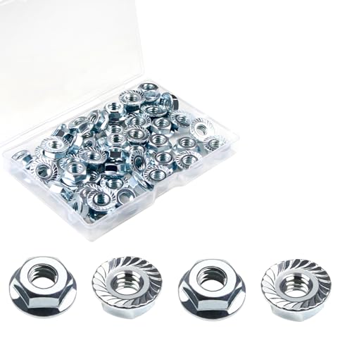 50pcs 1/4-20 Serrated Flange Hex Nuts, 1/4" Hexagon Flange Nuts, Carbon Steel Zinc Plated, UNC Nuts Fasteners, Right Hand SAE Replacement Nut