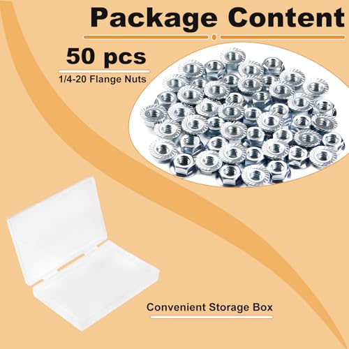 50pcs 1/4-20 Serrated Flange Hex Nuts, 1/4" Hexagon Flange Nuts, Carbon Steel Zinc Plated, UNC Nuts Fasteners, Right Hand SAE Replacement Nut