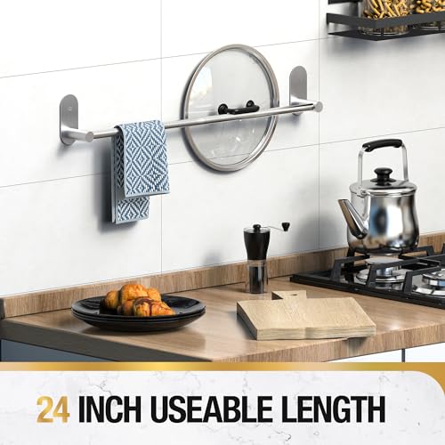 HITSLAM Brushed Nickel Self Adhesive Towel Bar for Bathroom 24 Inch, SUS304 Stainless Steel Towel Rack Wall Mounted, Hand Towel Holder with Hardware Accessories, No Drilling or Screws Wall-Mount
