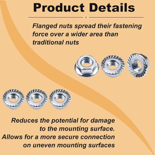 50pcs 1/4-20 Serrated Flange Hex Nuts, 1/4" Hexagon Flange Nuts, Carbon Steel Zinc Plated, UNC Nuts Fasteners, Right Hand SAE Replacement Nut