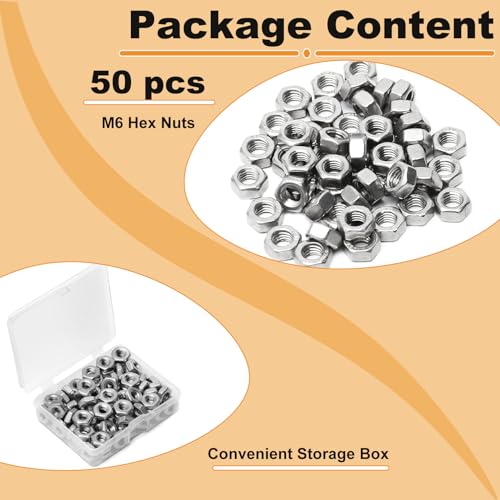 50pcs M6 Hex Nut, Stainless Steel 304, Hex Drive, Metric M6x1 Nuts Fasteners, Replacement Nut, Right Hand, M6-1.0mm Hexagonal Nut