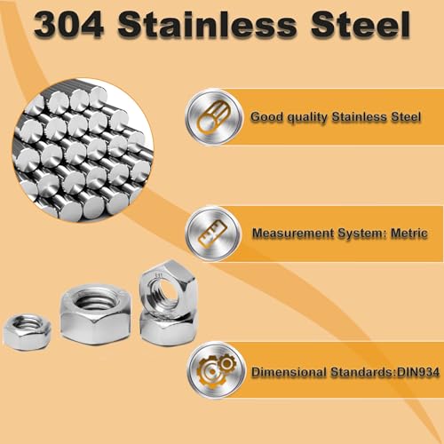 50pcs M6 Hex Nut, Stainless Steel 304, Hex Drive, Metric M6x1 Nuts Fasteners, Replacement Nut, Right Hand, M6-1.0mm Hexagonal Nut