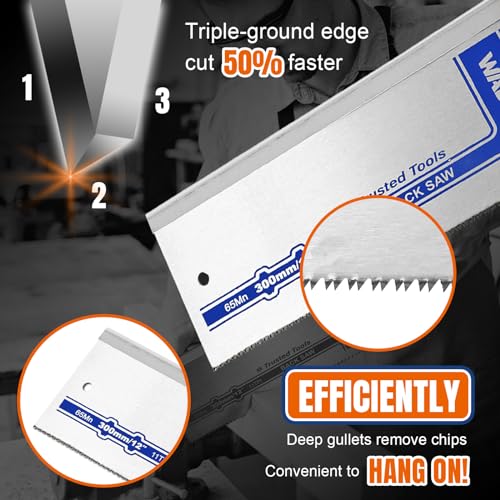 WADFOW 12 Inch Pro Hand Saw, 11 TPI Fine-Cut Soft-Grip Hardpoint Handsaw Perfect for Sawing, Trimming, Gardening, Drywall, Plastic Pipes, Sharp Blade, Ergonomic Non-Slip Handle