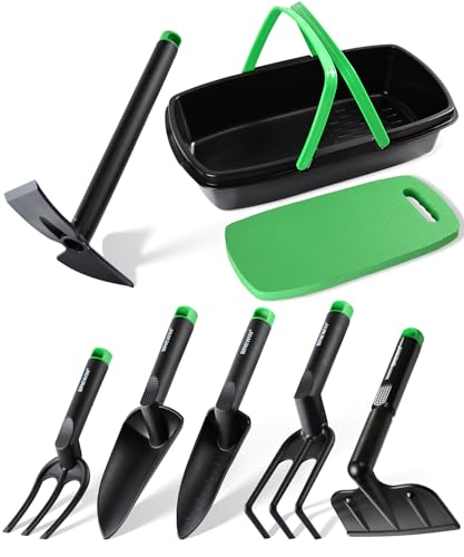 Garden Tool Set, Brewin Gardening Tool Set with Multi-Purpose Basket, Garden Kneeler, Trowel, Transplanter, Fork, Cultivator, Hand Hoe, Claw. Sturdy & Lightweight Outdoor Hand Tools