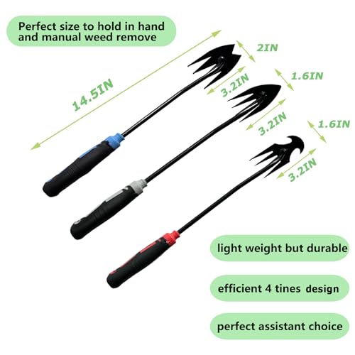 YDKOJGW 3 pcs Weed Removal Tool, 2024 New Garden Weed Puller Tools Hand Weeder Tool with Rubber Handle, 4 Teethes Dual Purpose Manual Weeders Tool Weed Pulling Tool for Garden (GBR2)