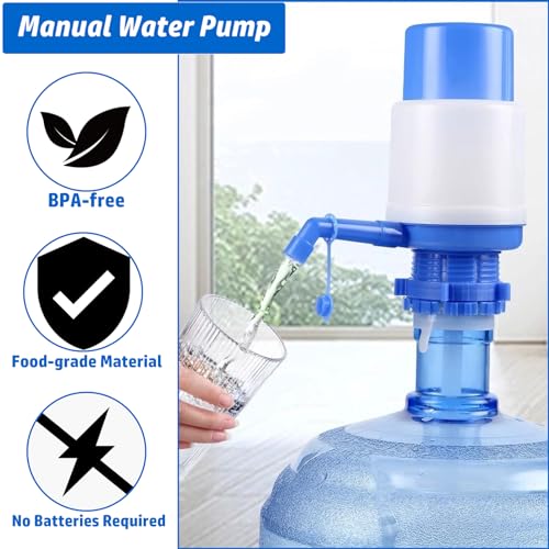 Blue Portable Manual Water Pump for 5 Gallon Bottle, Water Jug Dispenser Bottle Pump Drinking Water Pump with an Extra Short Tube and Cap, Hand Press Water Cooler Dispenser for 2-6 Gallon