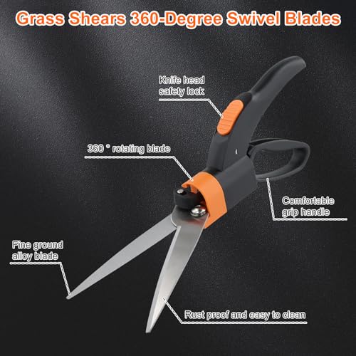 Grass Shears Handheld, Grass Clipper Cutter Plant Cutting Scissors, Stainless Steel Hand Lawn Scissors, Ultra-Sharp Grass Shears Manual Multifunction Gardening Trimming Shears 360 Degree Swivel Blades