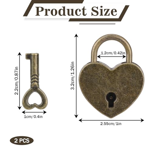 2Pack Mini Bronze Antique Heart Shaped Padlock with Key, Small Metal Vintage Heart Shape Padlock Archaize Style Heart Shaped Lock for Diary Book Padlock, Jewelry Box, Storage Box, Suitcase, Handbag