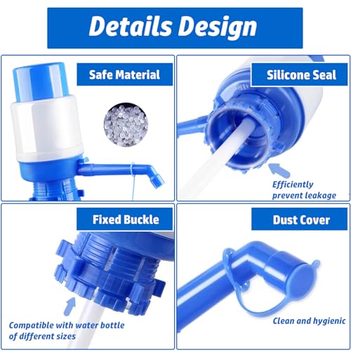 Blue Portable Manual Water Pump for 5 Gallon Bottle, Water Jug Dispenser Bottle Pump Drinking Water Pump with an Extra Short Tube and Cap, Hand Press Water Cooler Dispenser for 2-6 Gallon