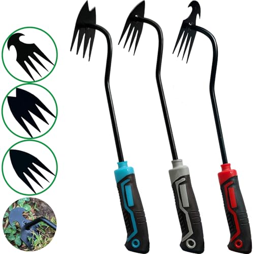 YDKOJGW 3 pcs Weed Removal Tool, 2024 New Garden Weed Puller Tools Hand Weeder Tool with Rubber Handle, 4 Teethes Dual Purpose Manual Weeders Tool Weed Pulling Tool for Garden (GBR2)