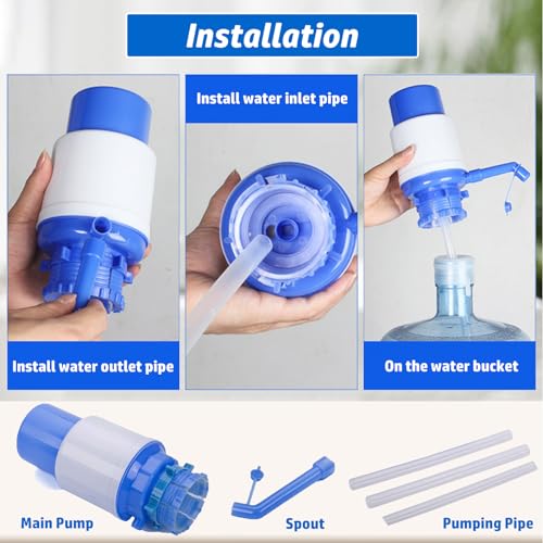 Blue Portable Manual Water Pump for 5 Gallon Bottle, Water Jug Dispenser Bottle Pump Drinking Water Pump with an Extra Short Tube and Cap, Hand Press Water Cooler Dispenser for 2-6 Gallon