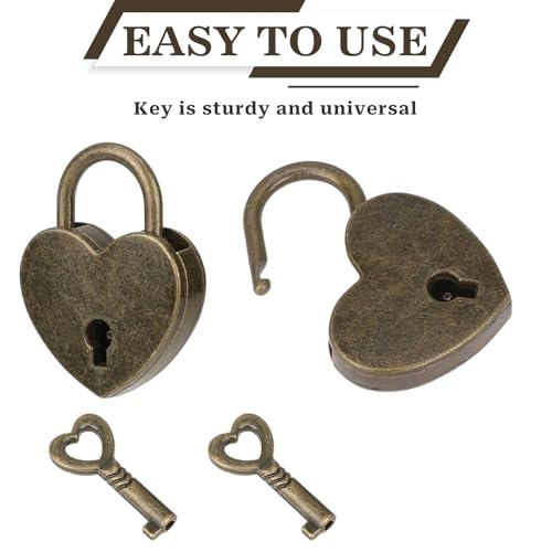 2Pack Mini Bronze Antique Heart Shaped Padlock with Key, Small Metal Vintage Heart Shape Padlock Archaize Style Heart Shaped Lock for Diary Book Padlock, Jewelry Box, Storage Box, Suitcase, Handbag