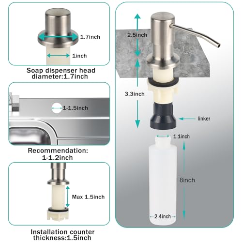Built in Soap Dispenser for Kitchen Sink, Brushed Nickel Stainless Steel Countertop Pump Head (Plastic Built-in), Dish Soap Hand Lotion Dispenser with Refillable 17OZ Bottle