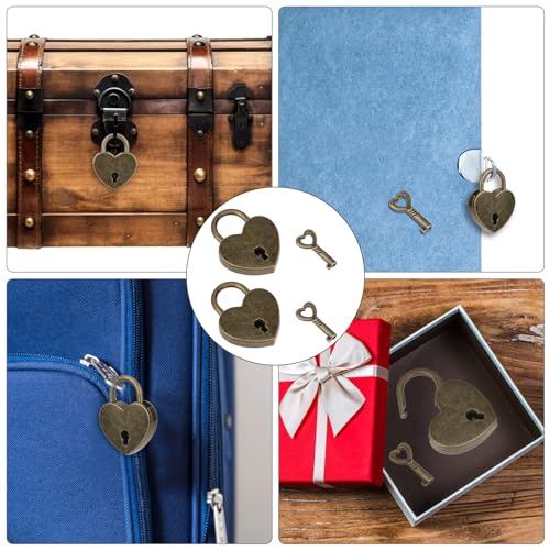 2Pack Mini Bronze Antique Heart Shaped Padlock with Key, Small Metal Vintage Heart Shape Padlock Archaize Style Heart Shaped Lock for Diary Book Padlock, Jewelry Box, Storage Box, Suitcase, Handbag