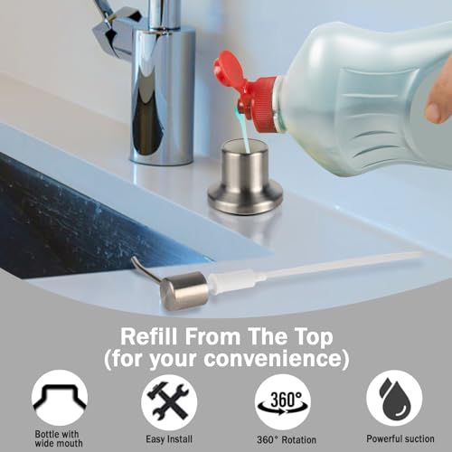 Built in Soap Dispenser for Kitchen Sink, Brushed Nickel Stainless Steel Countertop Pump Head (Plastic Built-in), Dish Soap Hand Lotion Dispenser with Refillable 17OZ Bottle