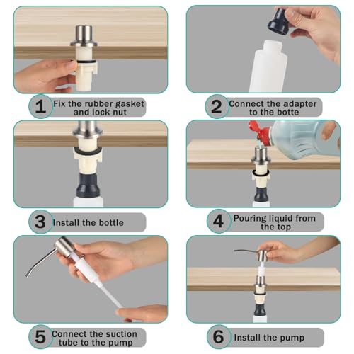 Built in Soap Dispenser for Kitchen Sink, Brushed Nickel Stainless Steel Countertop Pump Head (Plastic Built-in), Dish Soap Hand Lotion Dispenser with Refillable 17OZ Bottle