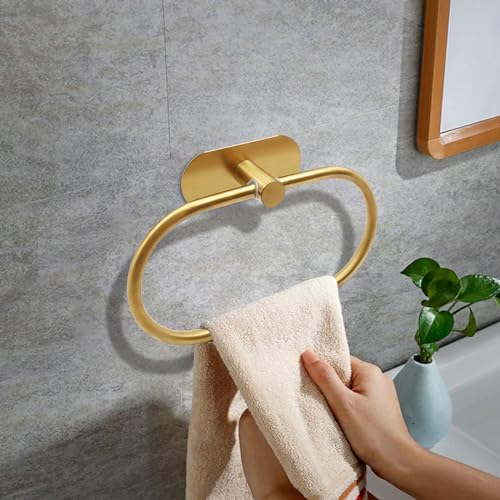 Self Adhesive Towel Ring, Brushed Gold Adhesive Hand Towel Holder Stainless Steel Oval Hand Towel Ring No Drilling Modern Hand Towel Hanger for Bathroom Kitchen Accessories