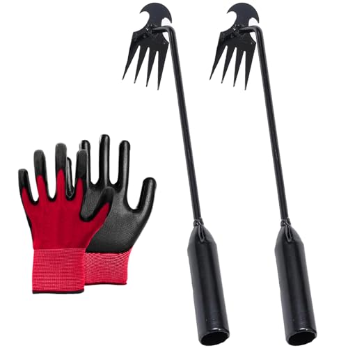 olybell Stainless Weeding Artifact Uprooting Weeding Tool, Stainless Steel Forged Weed Puller 4 Teeth Dual Purpose Weeder, Hand Weeder Tool for Gardening with Long Handle (Black 2Pcs)