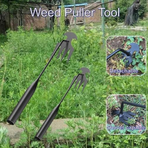 olybell Stainless Weeding Artifact Uprooting Weeding Tool, Stainless Steel Forged Weed Puller 4 Teeth Dual Purpose Weeder, Hand Weeder Tool for Gardening with Long Handle (Black 2Pcs)