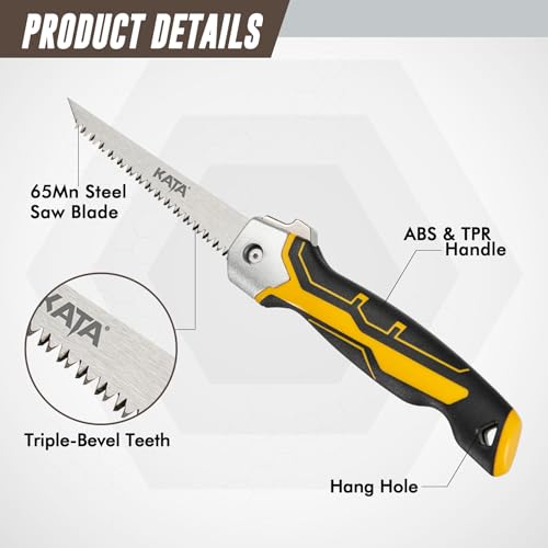 KATA Folding Jab Saw/Drywall Saw, Sheetrock Saw with Soft Grip Handle, Hand Saw, Hacksaw with 65Mn Steel Blade for Wallboard, Plywood and PVC
