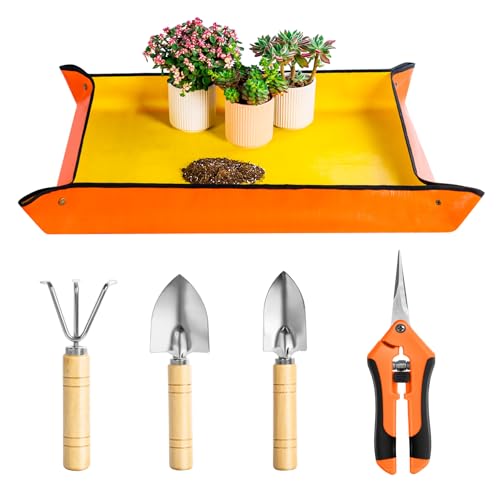Josteve Plant Repotting Mat, 5Pcs Succulent Tools Mini Garden Small Gardening Tools Indoor, Pruning Shear Gardening Scissor, Hand Tool kit for Bonsai, Cactus, Fairy, Houseplant Transplanting, Seedling